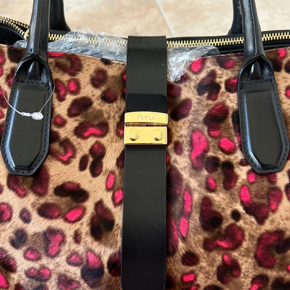 FURLA animal print on fur handbag.  NWOT - Picture 4 of 6